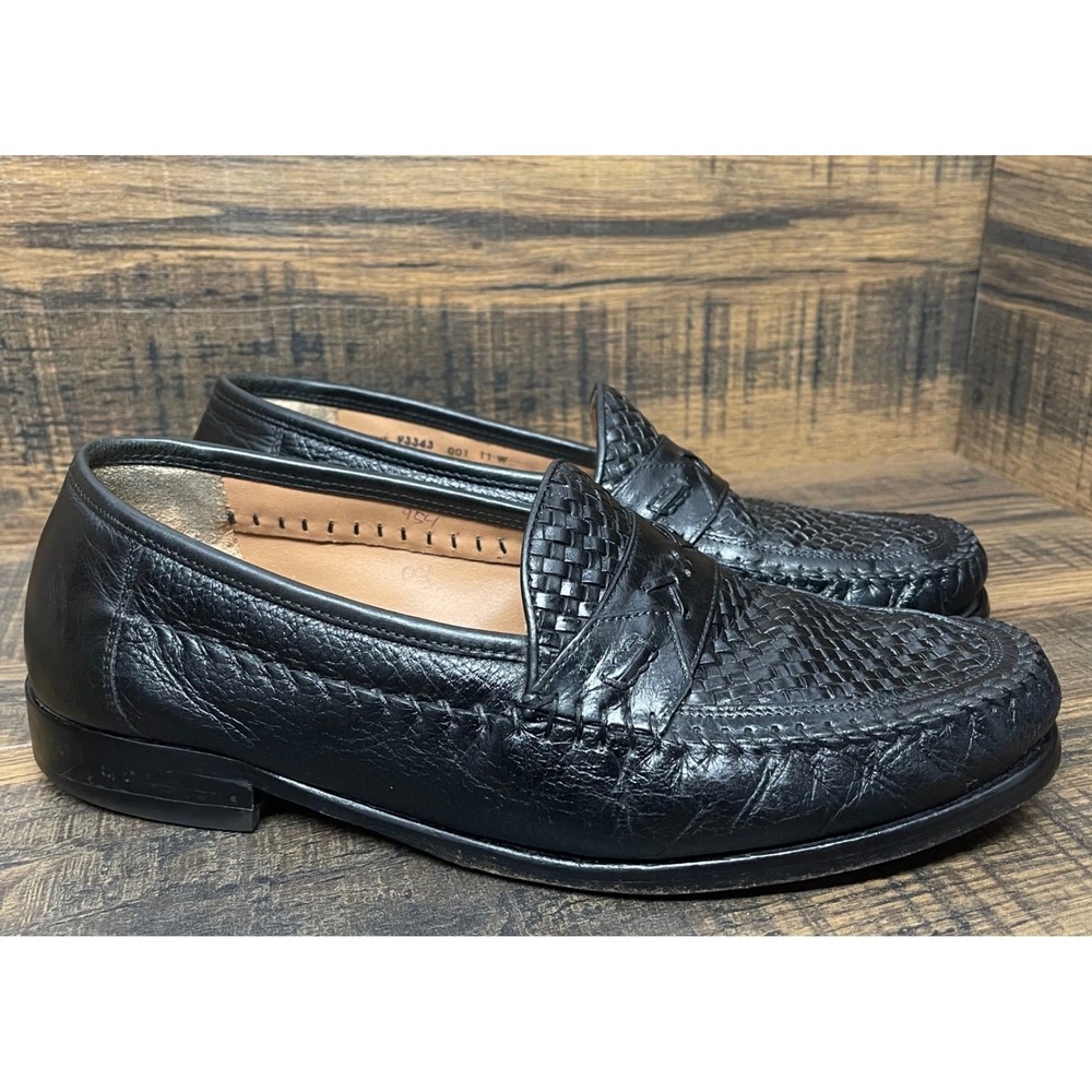 Brass Boot by Bass Woven Penny Loafers Black Leather Moc Toe Men's 11W